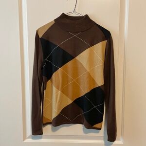 Vintage Sag Harbor Chocolate Brown Black and Tan Argyle Mock Neck Sweater